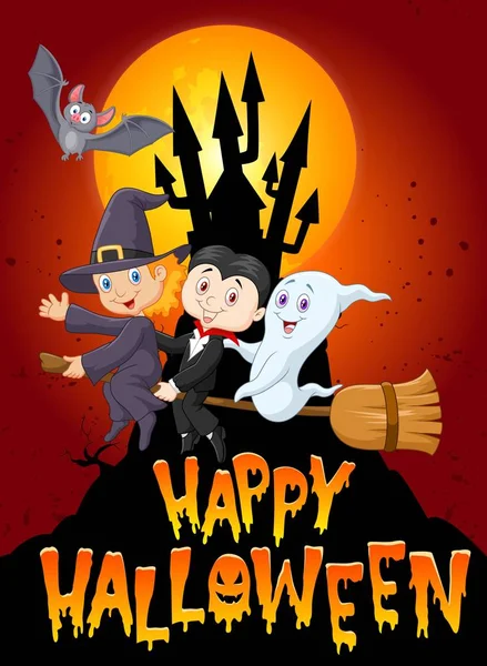 Veselý Halloween Malý Kluk Ghost Pozadí Velký Měsíc — Stockový vektor