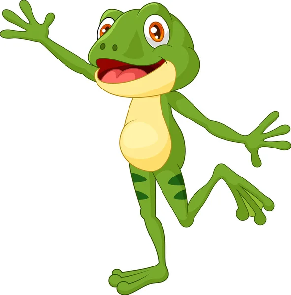 Cartoon Niedlichen Frosch Winkende Hand Mit Einem Gesicht Voller Glücklicher — Stockvektor