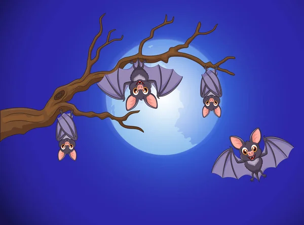 Entzückende Fledermaus Cartoon Schlafen Und Fliegen Der Nacht Mit Vollmond — Stockvektor