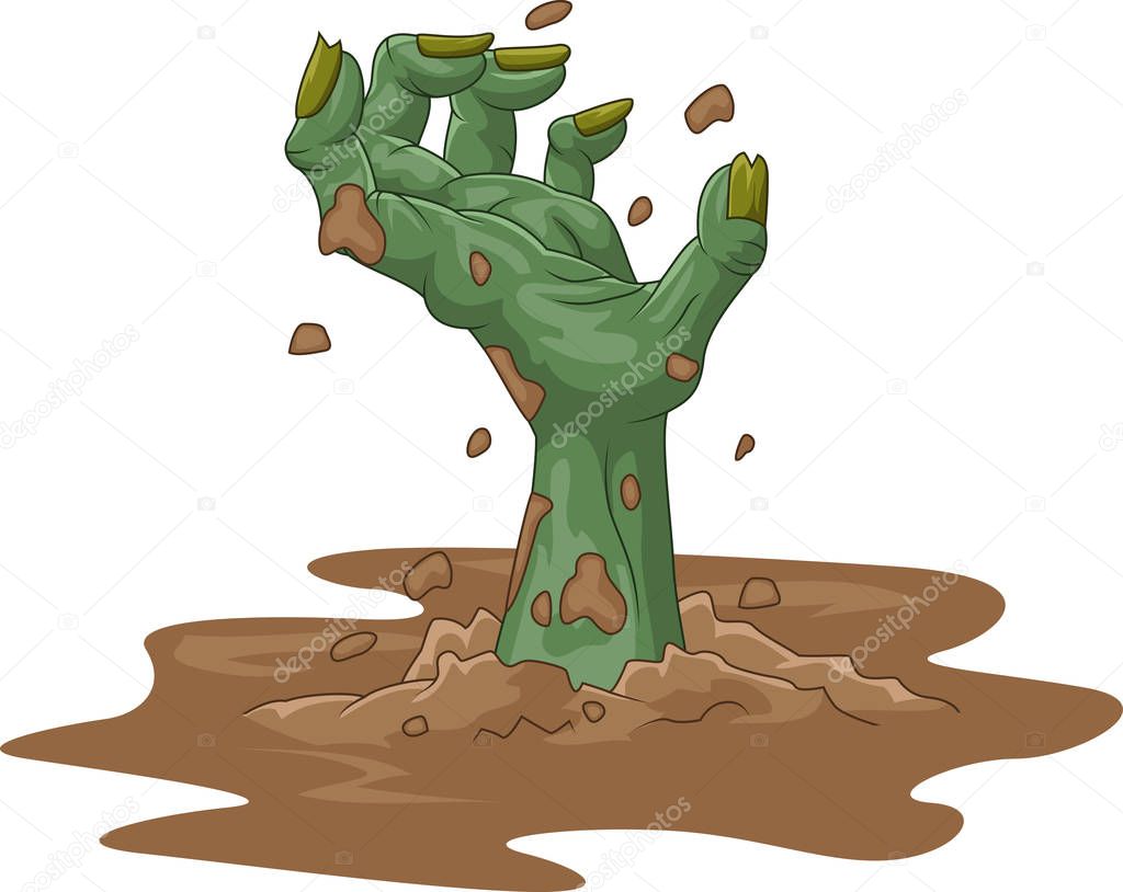 Cartoon zombie hand out of the ground isolated on white background