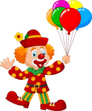 Sevimli palyaço izole beyaz arka plan üzerinde renkli balon holding 