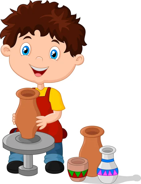 Liten Glad Pojke Produceras Potters Wheel Potten — Stock vektor