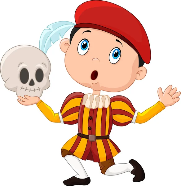 Little Boy Playing Hamlet School Play Holding Skull — Stock Vector