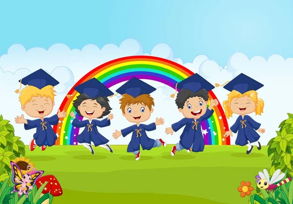 Los Niños Pequeños Felices Celebran Graduación Con Antecedentes Naturales — Vector de stock