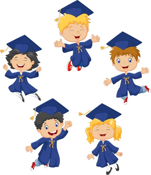 Cartoon Little Kids Celebrate Graduation Isolated White Background — Stock Vector