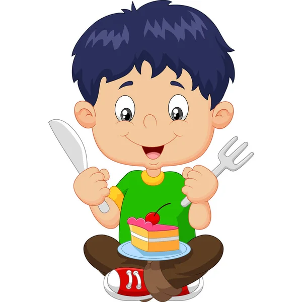 Dibujos Animados Niño Comiendo Pastel Aislado Sobre Fondo Blanco — Vector de stock