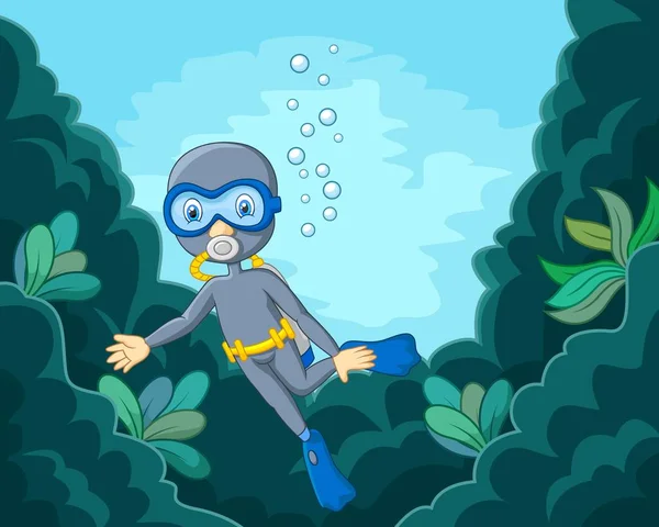 卡通男孩在海里潜水 — 图库矢量图片
