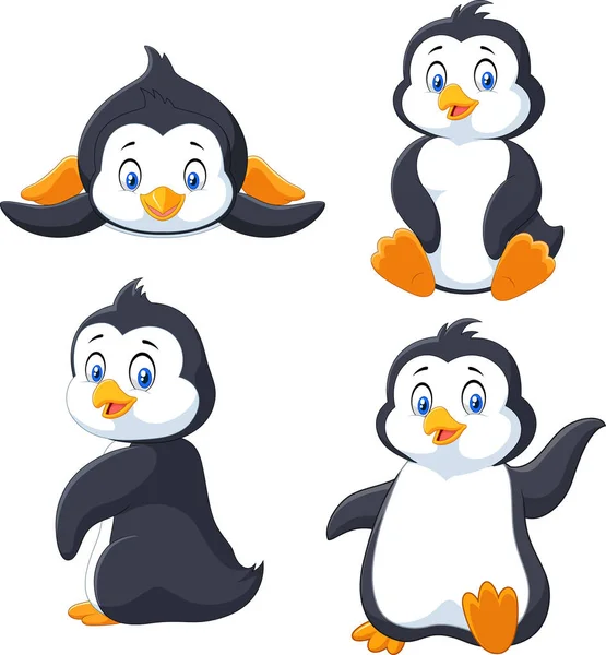 Collection Pingouin Dessin Animé Isolé Sur Fond Blanc — Image vectorielle
