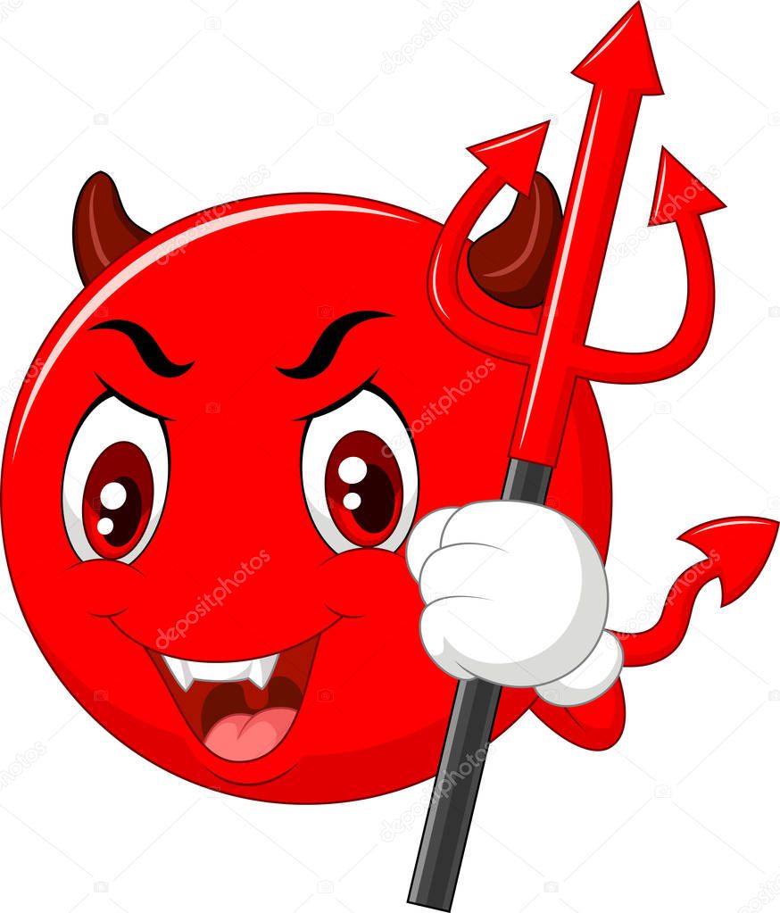 Red Halloween emoticon Devil with Trident in Cartoon Style. Vector