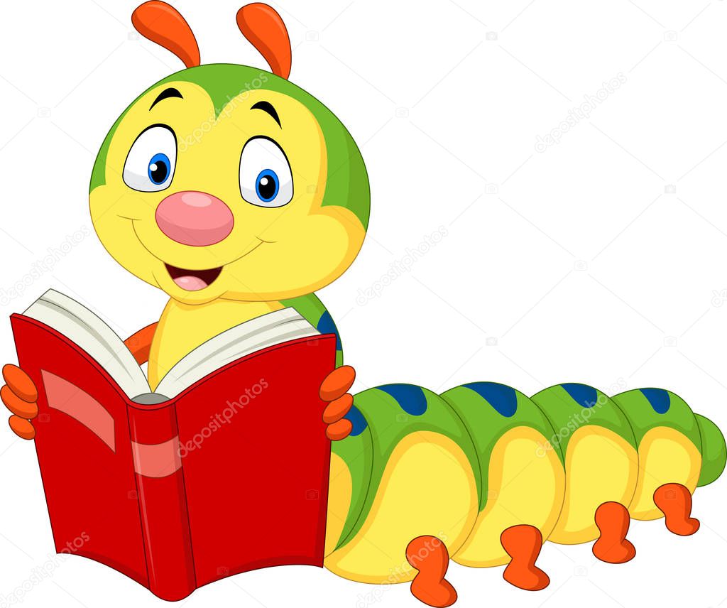 Cartoon caterpillar reading book