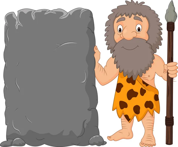 Cartoon Caveman Holding Stone Sign — Stock Vector