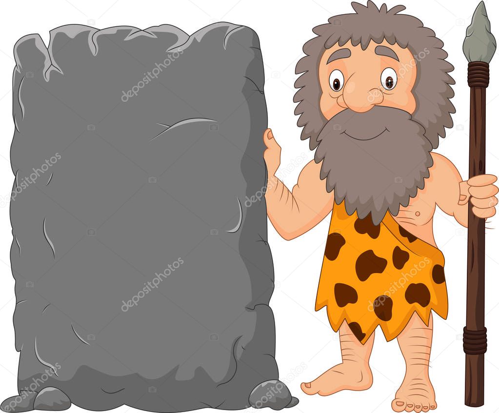 Cartoon caveman holding stone sign