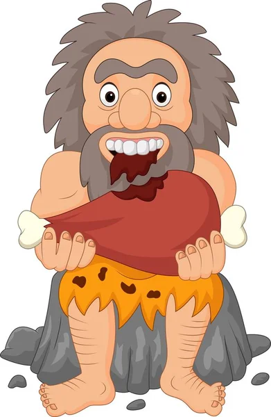Homem Das Cavernas Dos Desenhos Animados Comendo Carne — Vetor de Stock