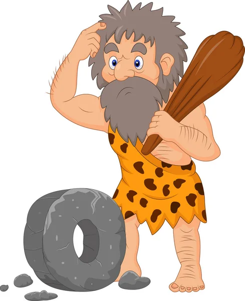 Cartoon Caveman Stone Wheel — Stock Vector