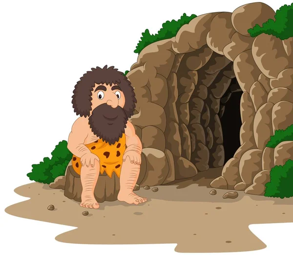 Caricatura Cavernícola Sentado Con Fondo Cueva — Vector de stock