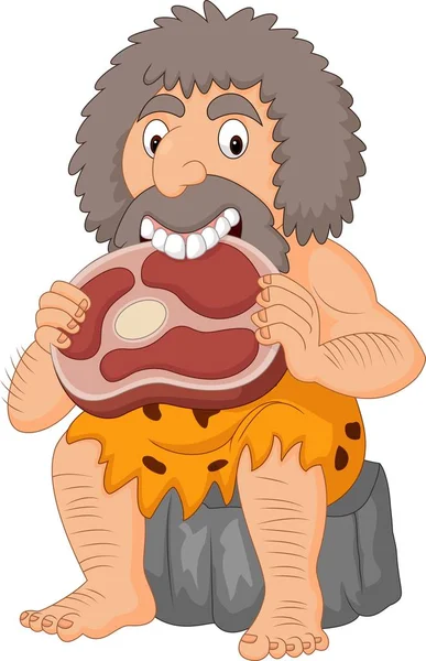 Homem Das Cavernas Dos Desenhos Animados Comendo Carne — Vetor de Stock