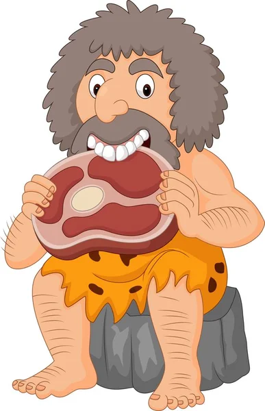 Cartoon Caveman Eating Meat — Stock Vector