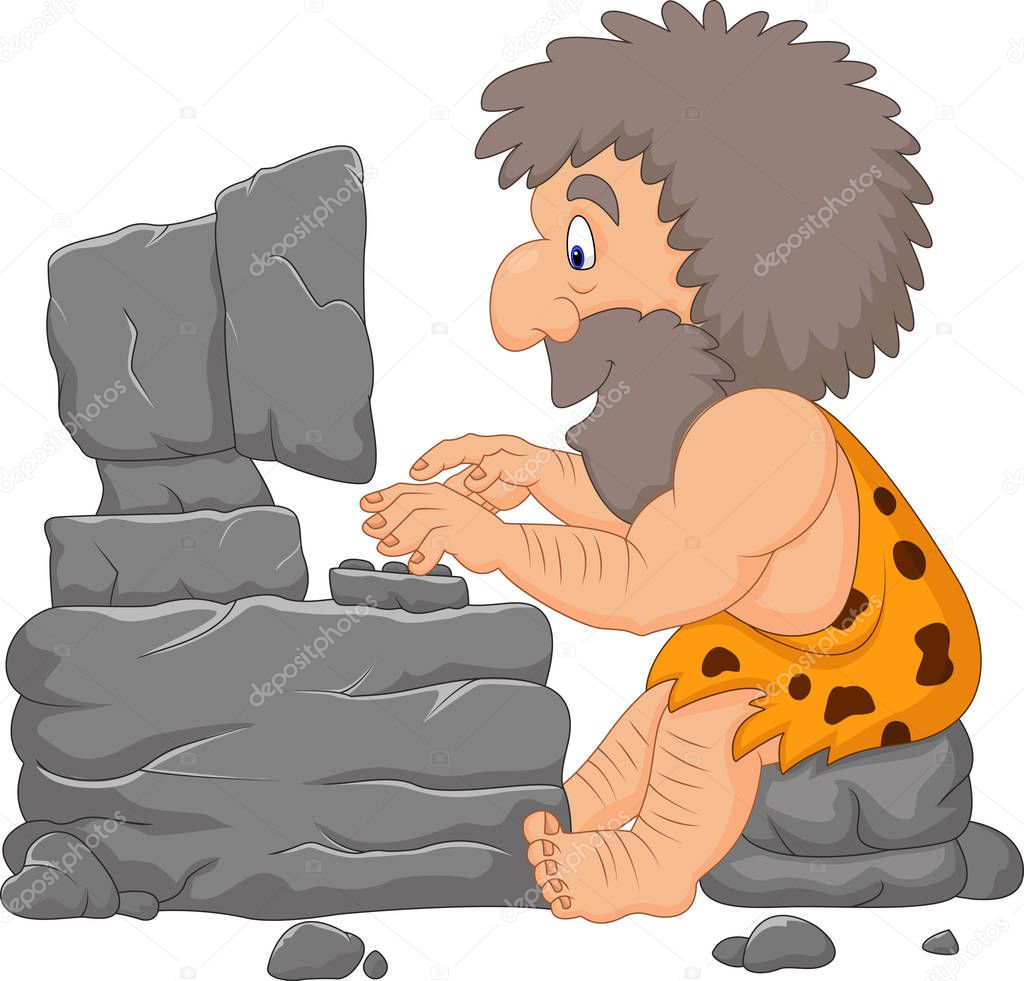 Cartoon caveman using a stone computer