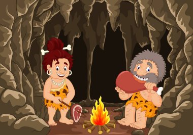 Mağara geçmişi olan tarih öncesi karikatür mağara adamı çift.