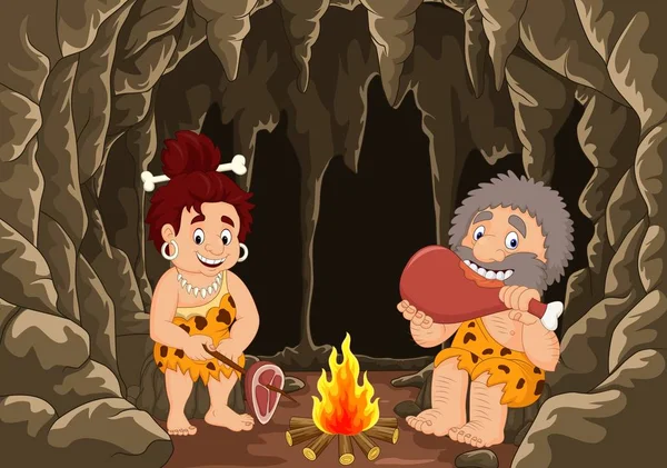 Dessin Animé Couple Homme Des Cavernes Préhistorique Avec Fond Grotte — Image vectorielle