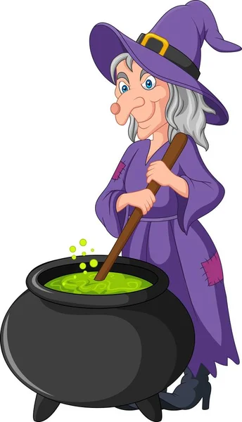 Cartoon Little Witch Preparing Potion — Stock Vector