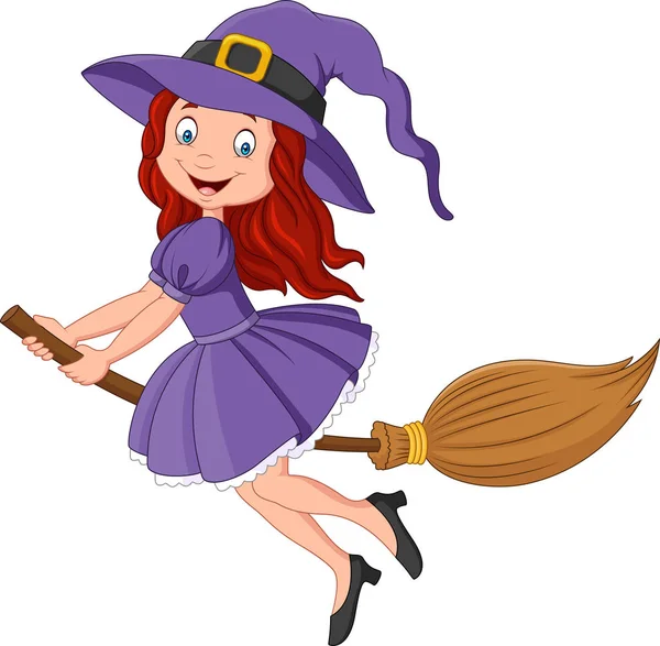 Cartoon Little Witch Flying Use Broomstick — Stock Vector