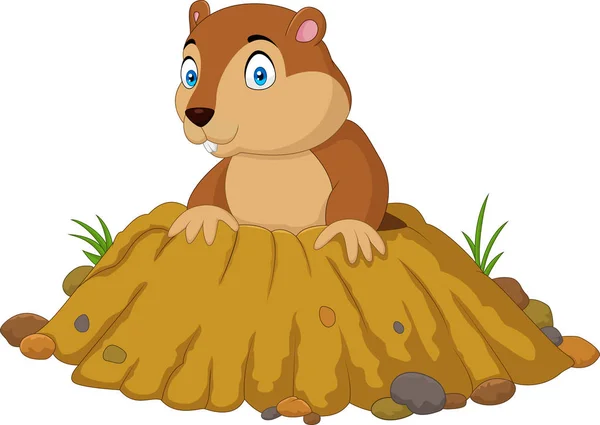 Cartoon Funny Groundhog Staande Buiten Haar Hol — Stockvector