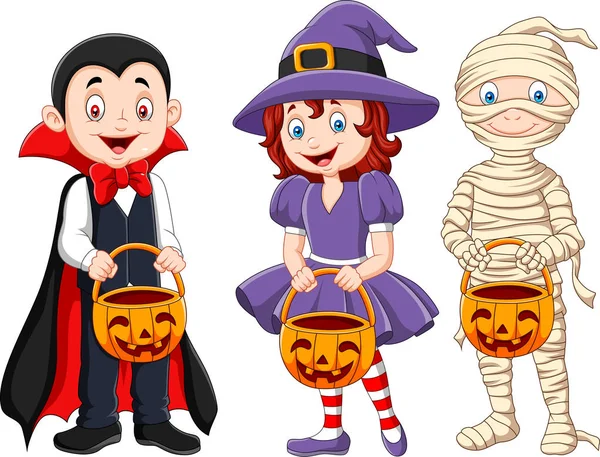 Cartoon Kinderen Met Halloween Kostuum Houden Pompoen Mand — Stockvector