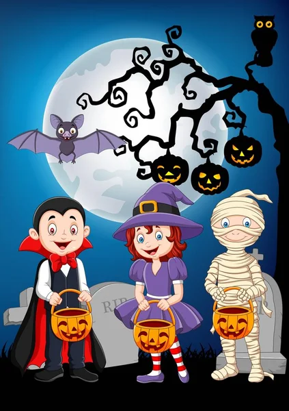 Dzieci Kreskówek Halloween Kostium Gospodarstwa Kosz Dyni — Wektor stockowy