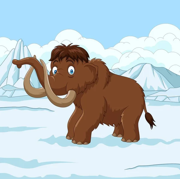 Cartoon Woolly Mammoth Walking Snowy Field — Stock Vector