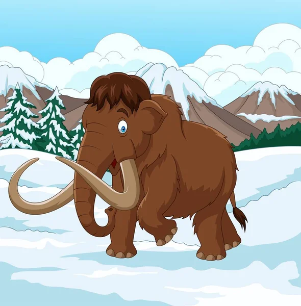 Cartoon Woolly Mammoth Caminando Través Campo Cubierto Nieve — Archivo Imágenes Vectoriales