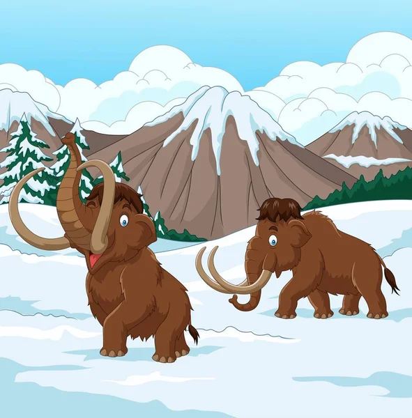 Cartoon Woolly Mammoth Caminhando Através Campo Nevado —  Vetores de Stock