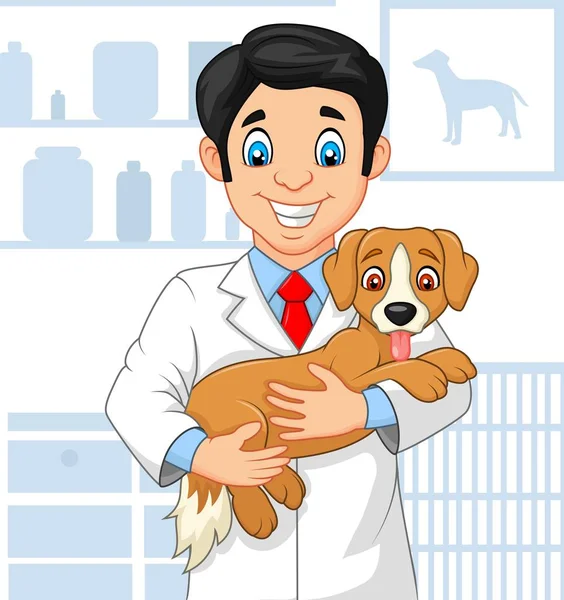 Cartoon Veterinarian Doctor Examining Puppy — Stock Vector