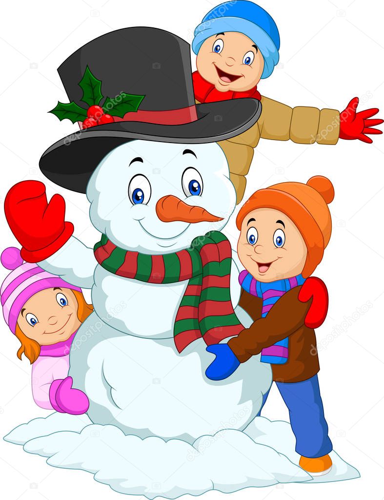Cartoon kids playing with snowman isolated on white background