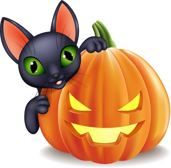 Dibujos Animados Gato Negro Celebración Calabaza Halloween — Vector de stock