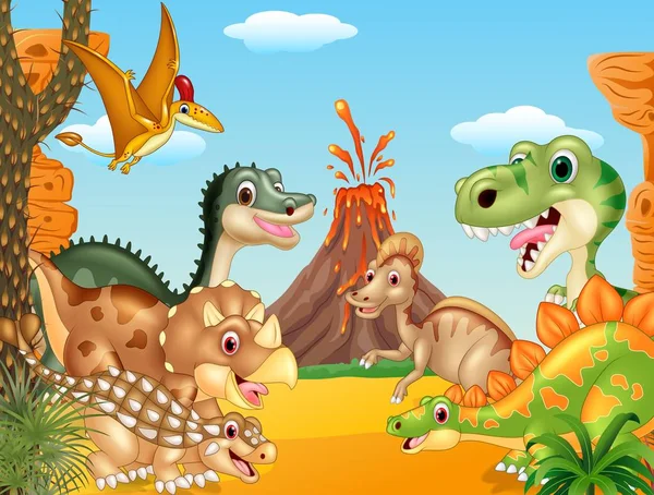 Vektor Illustration Von Cartoon Glücklichen Dinosauriern Mit Vulkan — Stockvektor