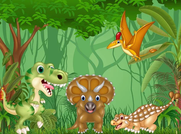 Illustration Vectorielle Dinosaures Heureux Bande Dessinée Dans Jungle — Image vectorielle