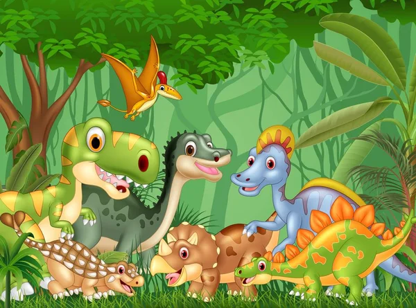 Ilustración Vectorial Dibujos Animados Dinosaurios Felices Que Viven Selva — Vector de stock