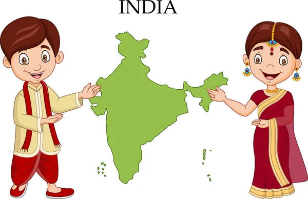 伝統的な衣装を着て漫画インド カップルのベクトル イラスト — ストックベクタ
