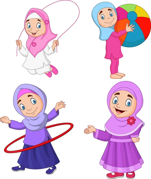 Ilustración Vectorial Dibujos Animados Niñas Musulmanas Con Diferentes Aficiones — Archivo Imágenes Vectoriales
