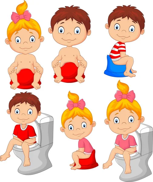 Ilustración Vectorial Conjunto Pequeños Bebés Lindos Sentados Orinal — Vector de stock