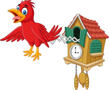 Guguklu saat ile cıvıl cıvıl kırmızı kuş vektör çizim