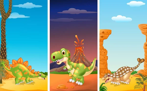 Vektor Illustration Von Drei Dinosauriern Mit Prähistorischem Hintergrund — Stockvektor