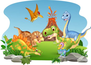 Vektör çizim karikatür mutlu dinozorlar ormanda