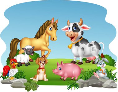 Vektör çizim karikatür çiftlik hayvanları ile doğa arka plan