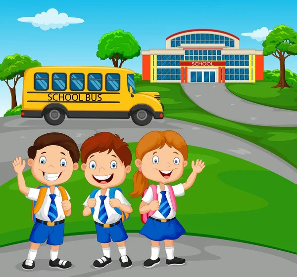 Okulun önünde mutlu okul çocuklarında vektör çizim