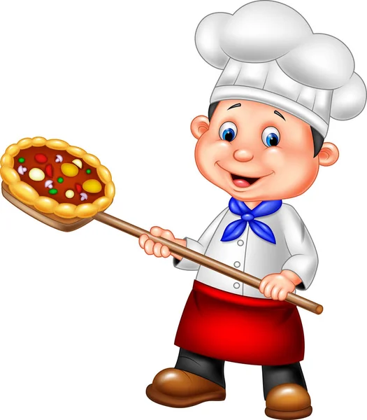 Ilustração Vetorial Chef Dos Desenhos Animados Segurando Pizza —  Vetores de Stock