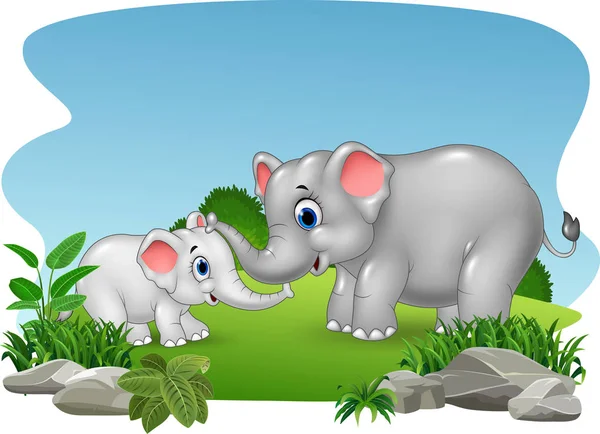 Ilustración Vectorial Dibujos Animados Madre Bebé Elefante Selva — Vector de stock