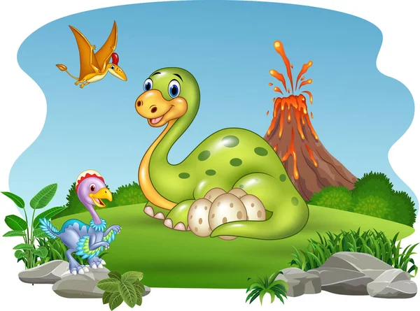 Ilustración Vectorial Dinosaurio Dibujos Animados Con Sus Huevos Selva — Vector de stock