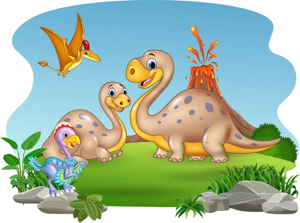 Ilustración Vectorial Dibujos Animados Madre Bebé Dinosaurios Con Fondo Natural — Vector de stock